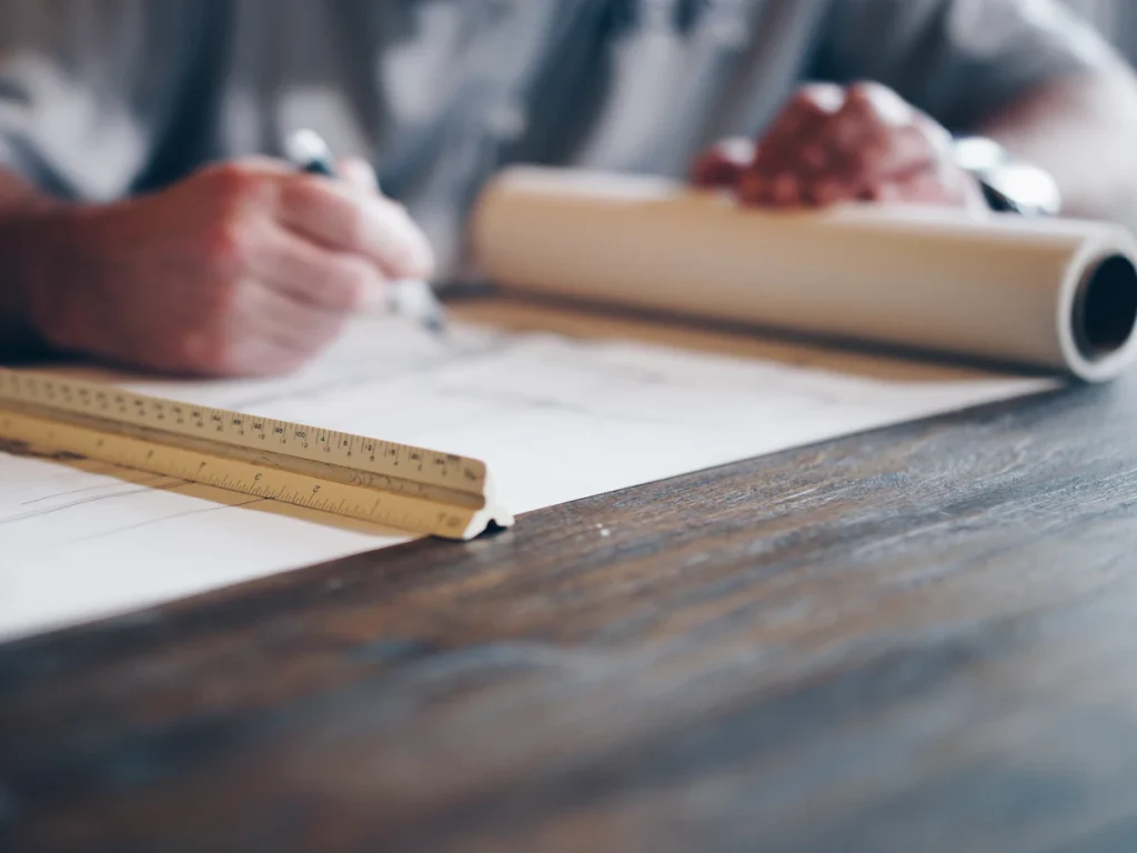 Hand drafting on a blueprint with a pencil and ruler
