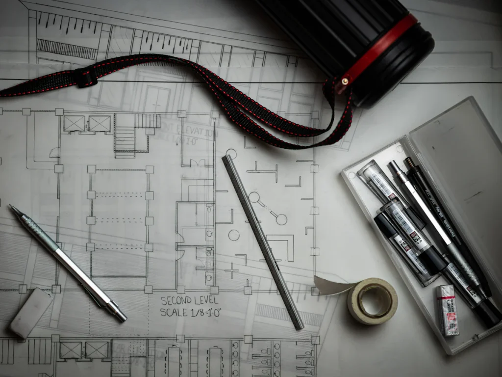 Architectural blueprints on a desk with drafting pencils, a metal ruler and a drawing tube
