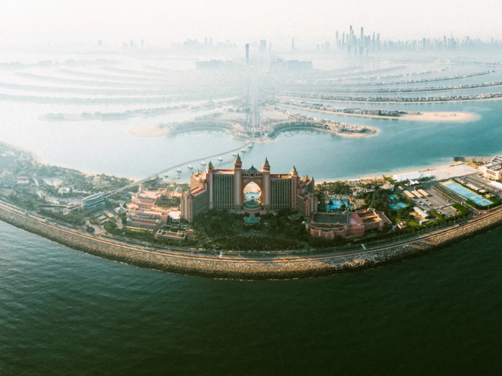Aerial view of the Palm Jumeirah crescent and fronds